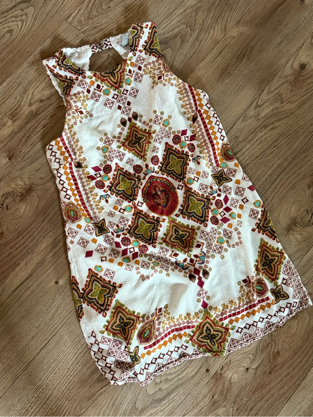 Jewel tone print white linen sundress, size Medium